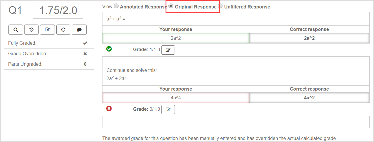 The original response radio button is highlighted between the annotated response and unfiltered response radio buttons.